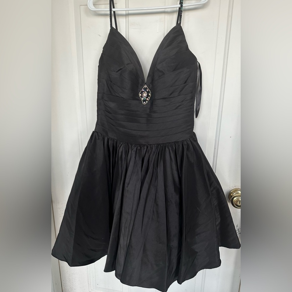 Black Spaghetti-Strap Mini Dress with Jewel Accent